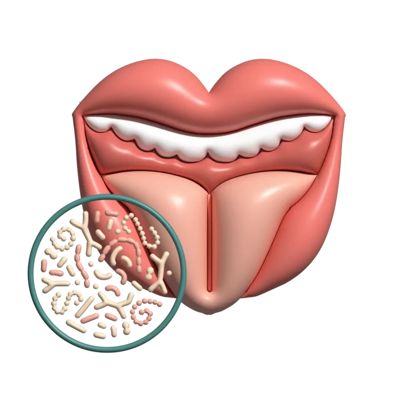 3d render Human Oral microbiome isolated concept. Healthy probiotic bacteria in open mouth. Tooth and tongue microbiota - lactobacillus, streprococcus. Volume hand drawn illustration.